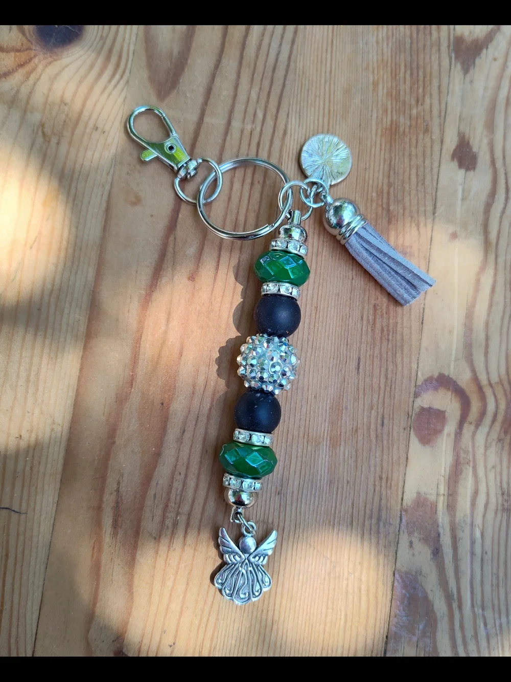 Inspirational Green & Black Bead Keychain with Tassel and Angel Charm